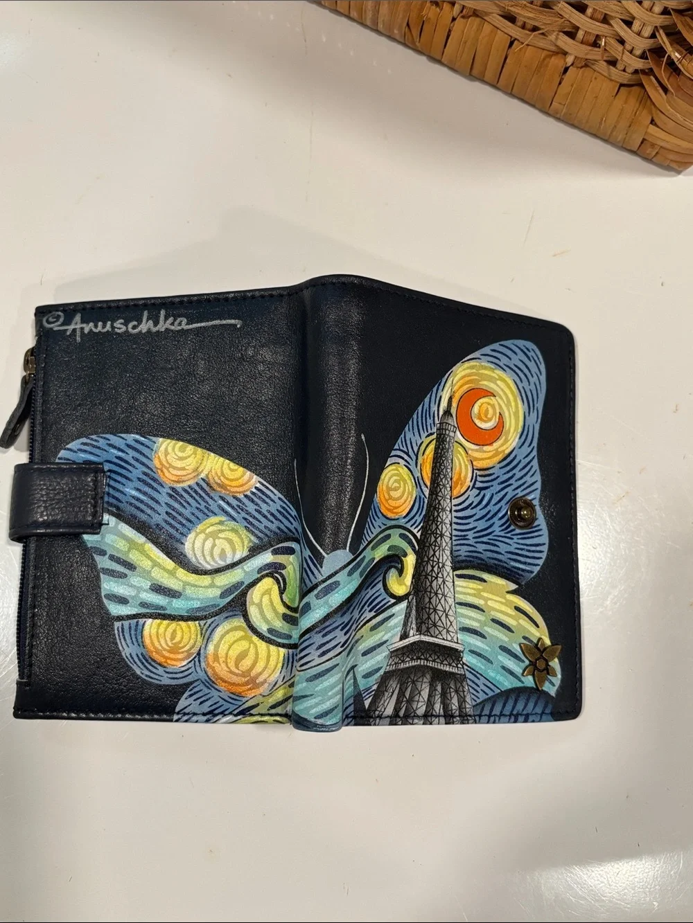 Anuschka Hand-Painted Love in Paris Butterfly Navy RFID Bifold Wallet  NWOT